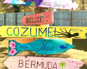 Letreros de madera de destino pintados a mano personalizados para piscina, patio, bar, sala de juegos, decoración del hogar, náutica, tiki bar, vacaciones, direccional, tropical
