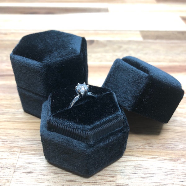 Black Hexagon Velvet Ring Box Double Or Single Ring Great For Photos and Proposal Keepsake flat lay