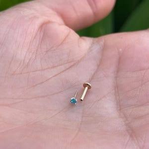 Treadless Push In Tragus Cartlige 16G Or 18G 3mm Genuine Aqua Sapphire 14K Yellow Solid Gold