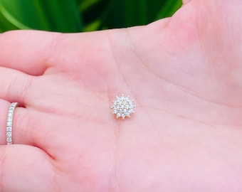 Dermal Top Flower With Natural Diamonds Labret Stud With 14K Solid Yellow Gold