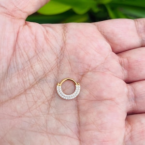 Double Row Natural Diamonds Hinged Nose Jewelry Septum Ear Clicker Hoop 14k Solid Gold Daith and Conch Piercing