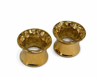 14K Gold Hammered Tunnel Ear Gauges Flesh Tunnels Hypoallergenic