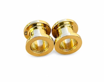 14k Solid Gold Gauges Ear Plugs Double Flared Screw Fit Flesh Tunnels Plugs