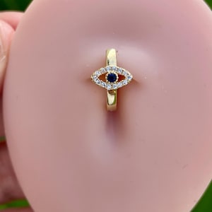 14k Gold Belly Button Ring Navel Ring Eye With Genuine Diamonds and Sapphire Solid Gold