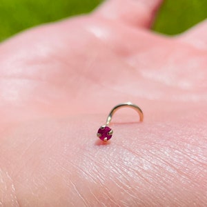 Nose Ring Screw 20g 3mm Natural Genuine Red Ruby 14K Solid Yellow Gold