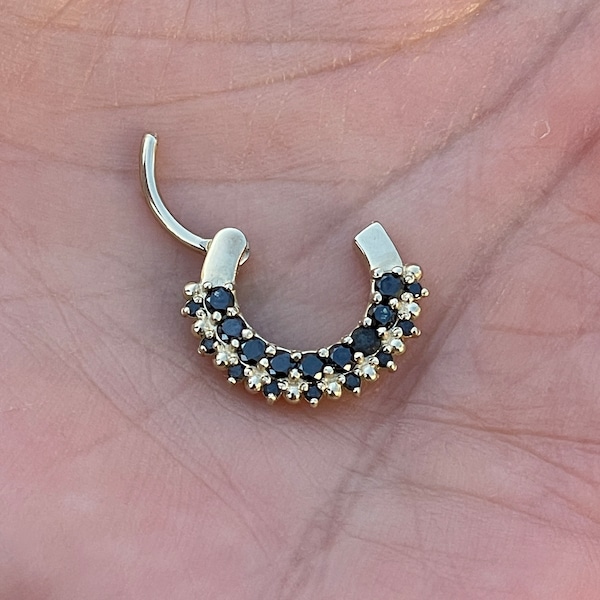 Double Row Black Diamonds Hinged Nose Jewelry Septum Ear Clicker 14k Solid Gold Daith and Conch Piercing