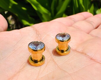14k Gold Screw Fit Eear Gauges with Certifed Lab Diamonds