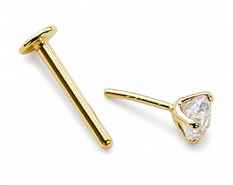 14K massivt guld platt baksida trapplös örhänge med naturlig diamant 16G-18G Tragus, Helix Piercing