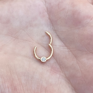 Natural Diamond In Bezel Hinged Cartilage Septum Clicker Daith Conch Helix Seam Hoop 14k Solid Gold
