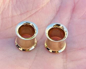 14K Solid Gold Double Flared Tunnel Ear Gauges Flesh Tunnles Hypoallergenic