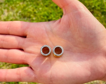 Double Flared  14k Solid Gold Ear Plugs Gauges Flesh Tunnels With Genuine Diamonds