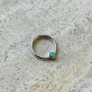 Single Genuine Opal Bazel Hinged Nose Ring Septum Clicker Daith Helix Conch Hoop 14k Gold