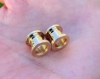 14k Solid Gold Gauges Ear Plugs Double Flared Screw Fit Flesh Tunnels Plugs