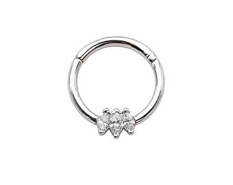 14K Gold Marquise Diamond Hinged Hoop Ring Nose Septum Daith Nipple Piercing