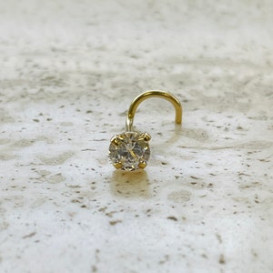 4mm CZ Nose Ring Fish Hook 14K Solid Yellow Gold 20 Gauge