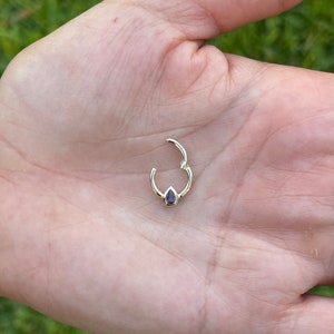Pear Shape Lavender Sapphire Hinged Nose Ring Septum Clicker Daith Helix Conch Rook Hoop 14k Gold
