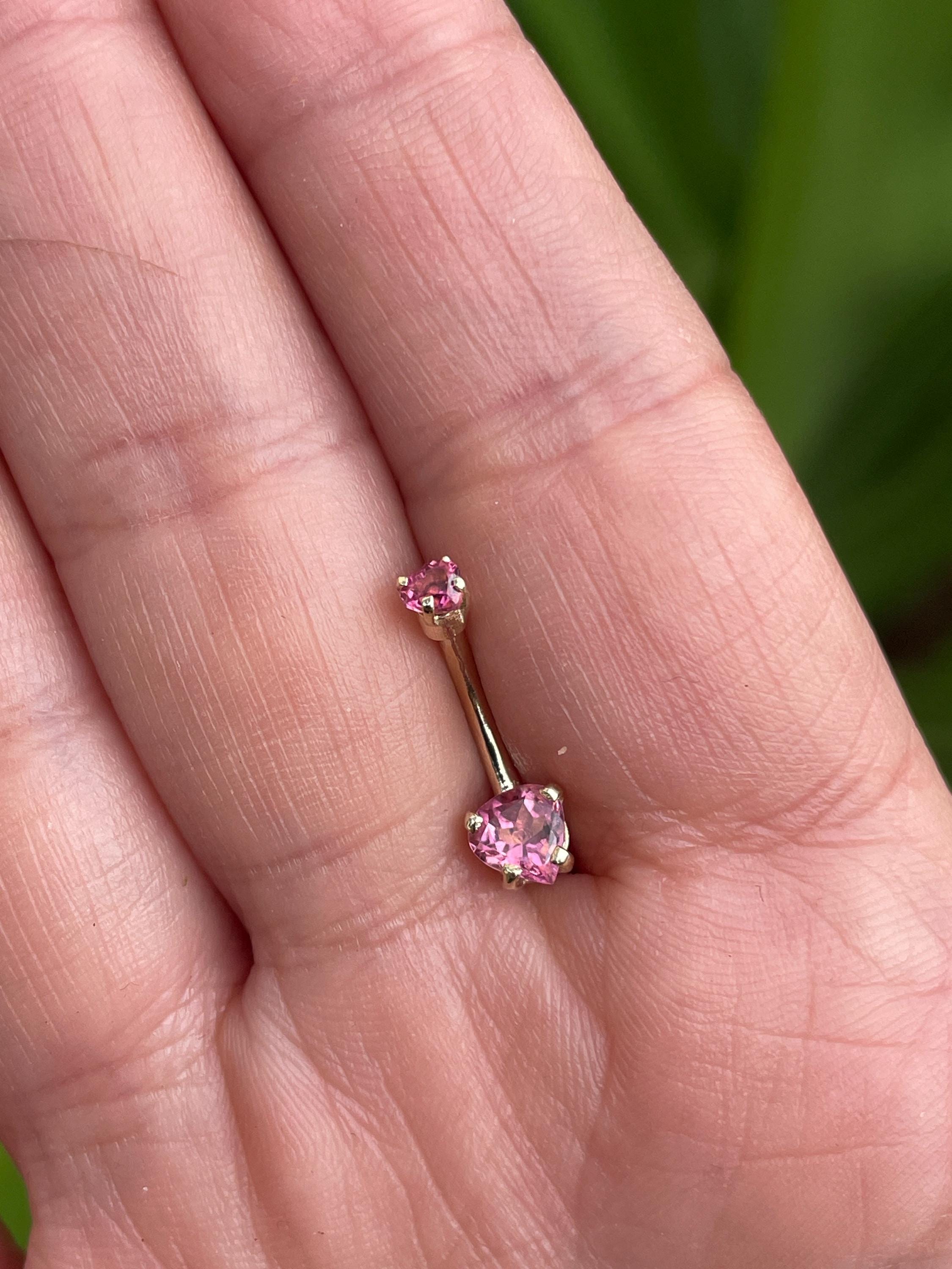 14k Gold Navel Ring Heart Shape Genuine Pink Tourmaline Solid Gold Piercing  Jewely