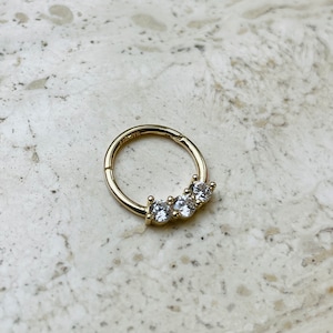 Septum Ring 14K Gold 3 Natural Diamond Daith Clicker Daith Piercing, Helix Piercing Seam Ring