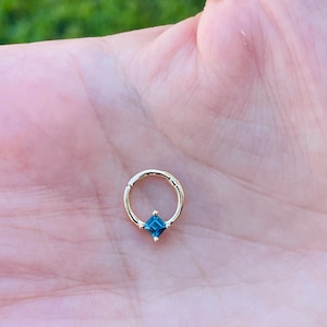 Square London Blue Topaz Hinged Nose Ring Septum Clicker Daith Helix Conch Rook Seam Hoop 14k Gold