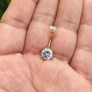 14k Gold Belly Button Ring Navel Ring 2 Round  Moissanite Solid Gold Piercing Jewely