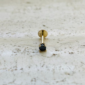 3mm Black Natural Diamond Internally Treaded Labret Stud 18g With 14K Solid Yellow Gold