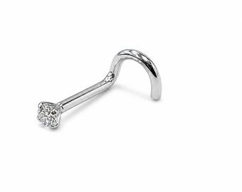 14k White Gold Nose Ring Screw 22g With Round Natural Diamond