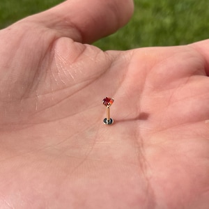 May include: A gold body piercing with a small red square gemstone.