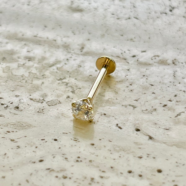 Treadless Push In Labret Tragus 16G Or 18G 3mm Genuine Natural Diamond 14K Yellow Solid Gold