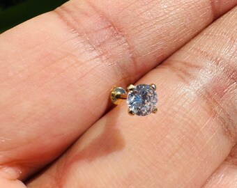 Platt baksida i 14k massivt guld med push-in-örhänge och certifierad naturlig diamant, tragus helix, torn