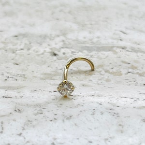 Nose Ring Fish Hook 18g 3mm Round Natural Diamond 14K Solid Yellow Gold