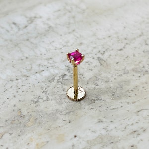 Internally Treaded Labret Monreo Stud 18g With 3mm Genuine Ruby 14K Solid Yellow Gold