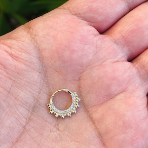 Beads and Diamonds Hinged Nose Jewelry Daith Septum Ear Clicker Hoop 14k Solid Gold