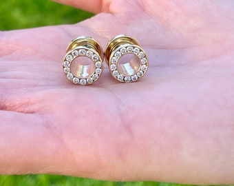 Ear Gauges 14k Solid Gold Ear Plugs Double Flared Screw Fit Flesh Tunnels With Diamonds