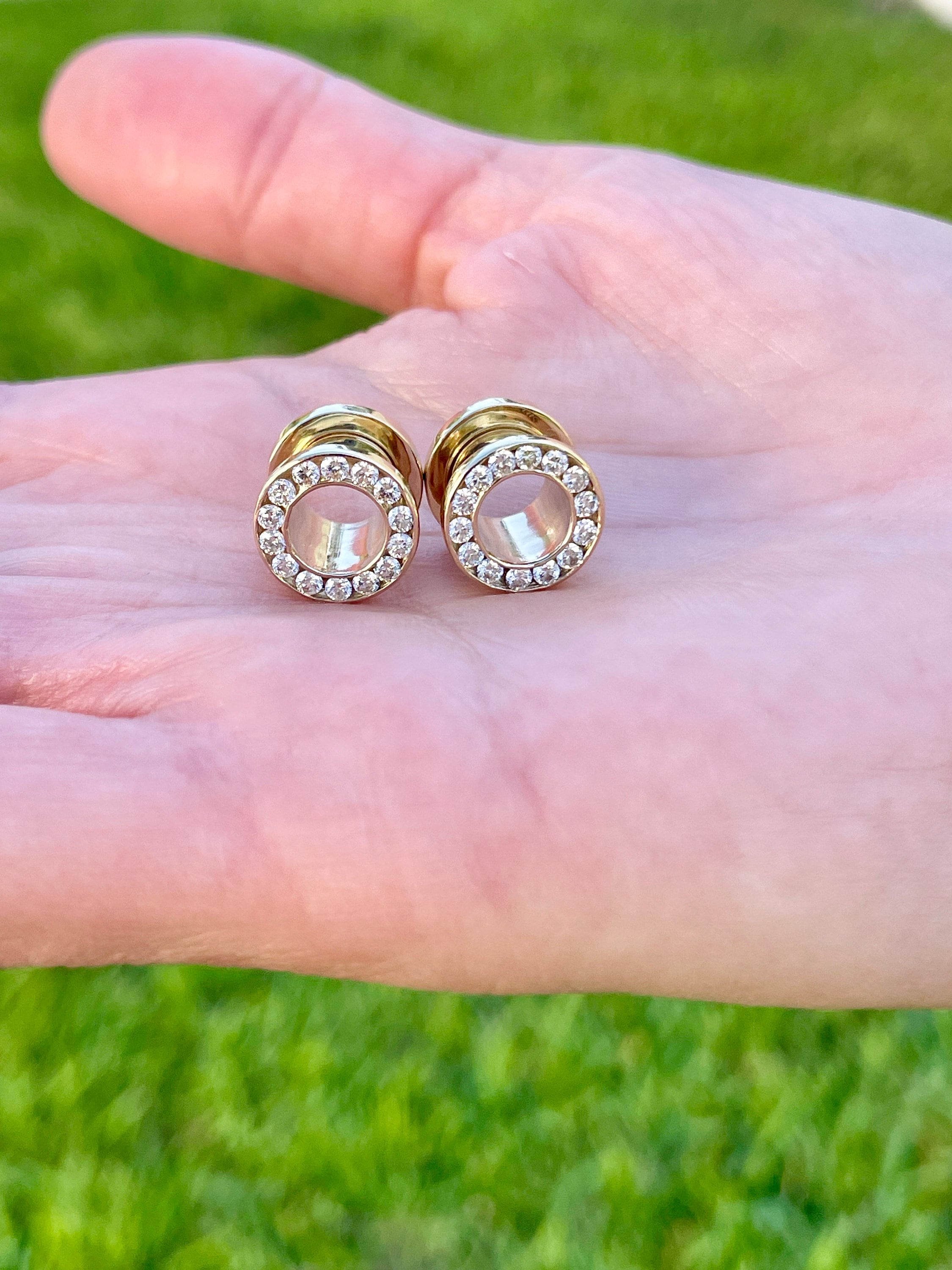 Ear Gauges 14k Solid Gold Ear Plugs Double Flared Screw Fit Flesh Tunnels With Diamonds Etsy Canada