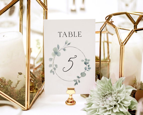 Eucalyptus Table Number Card Template Stylish Leaf Table Number Sign Printable Clean & Modern Wedding Table Seating Instant Download TB005 L