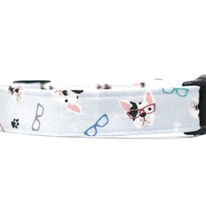 Frenchie, Dog Collar, Smart Doggy, Glasses, 100% Cotton Fabric Collars, &quot;THE FRENCHIE&quot;