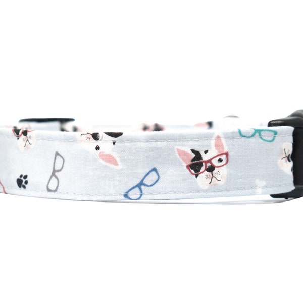 Frenchie Dog Collar | Smart Doggy | Glasses | 100% Cotton Fabric Collars -- "THE FRENCHIE"