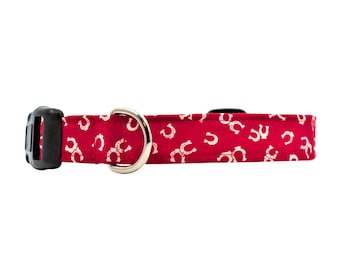 Red Horseshoe Dog Collar | Red Cat Collars | Horseshoe Fabric | 100% Soft Cotton Fabric Collars -- "THE EQUESTRIAN"