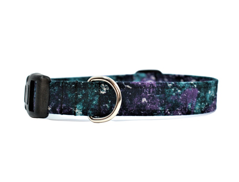 May include: A teal and purple patterned dog collar with a black plastic buckle and a silver D-ring.
