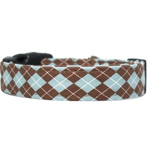 Argyle Dog Collar: Blue & Brown Cotton Fabric, Metal Buckle