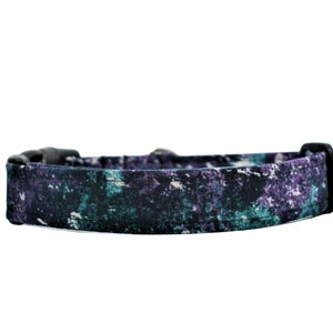 May include: A black, purple and teal patterned dog collar with a black plastic buckle.
