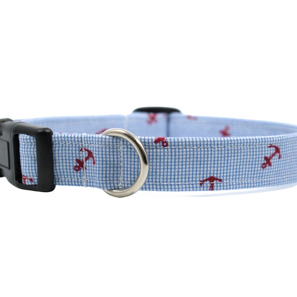 Sailor Dog Collar, Anchor Dog Collar, Summer Dog Collar, Blue Checkered Cat Collar, Cotton Fabric Collars -- "THE ANCHOR"