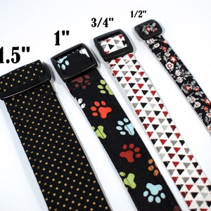May include: Five fabric dog collars in different patterns and sizes, ranging from 1.27 cm to 3.81 cm wide. The collars are black with various patterns, including polka dots, paw prints, and geometric shapes.