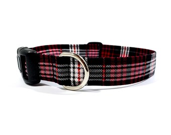 Tartan Plaid Dog Collar, Winter Cat Collars, Red White Black Cotton Fabric Collars -- "THE REBEL"