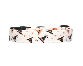 Witch Hats Cat Collar: Orange, Black, Grey Cotton - Stars & Moon