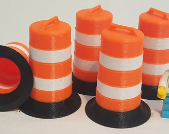 Traffic Barrels (Construction Drums) 50mm (2inch) tall, Black Base, Orange with white strips. Choose your amount.