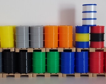 1:32nd scale (#1) Oil Drums and Pallets. Set of 6 200ltr scale drums with 1 full pallet and 1 half pallet. many colours to choose from.