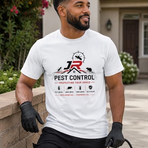 May include: A white short-sleeved t-shirt featuring a black and red graphic logo for JR Pest Control. The design includes icons of insects and a rodent, the text "Protecting Your Space," and the words "Residential" and "Commercial" at the bottom.