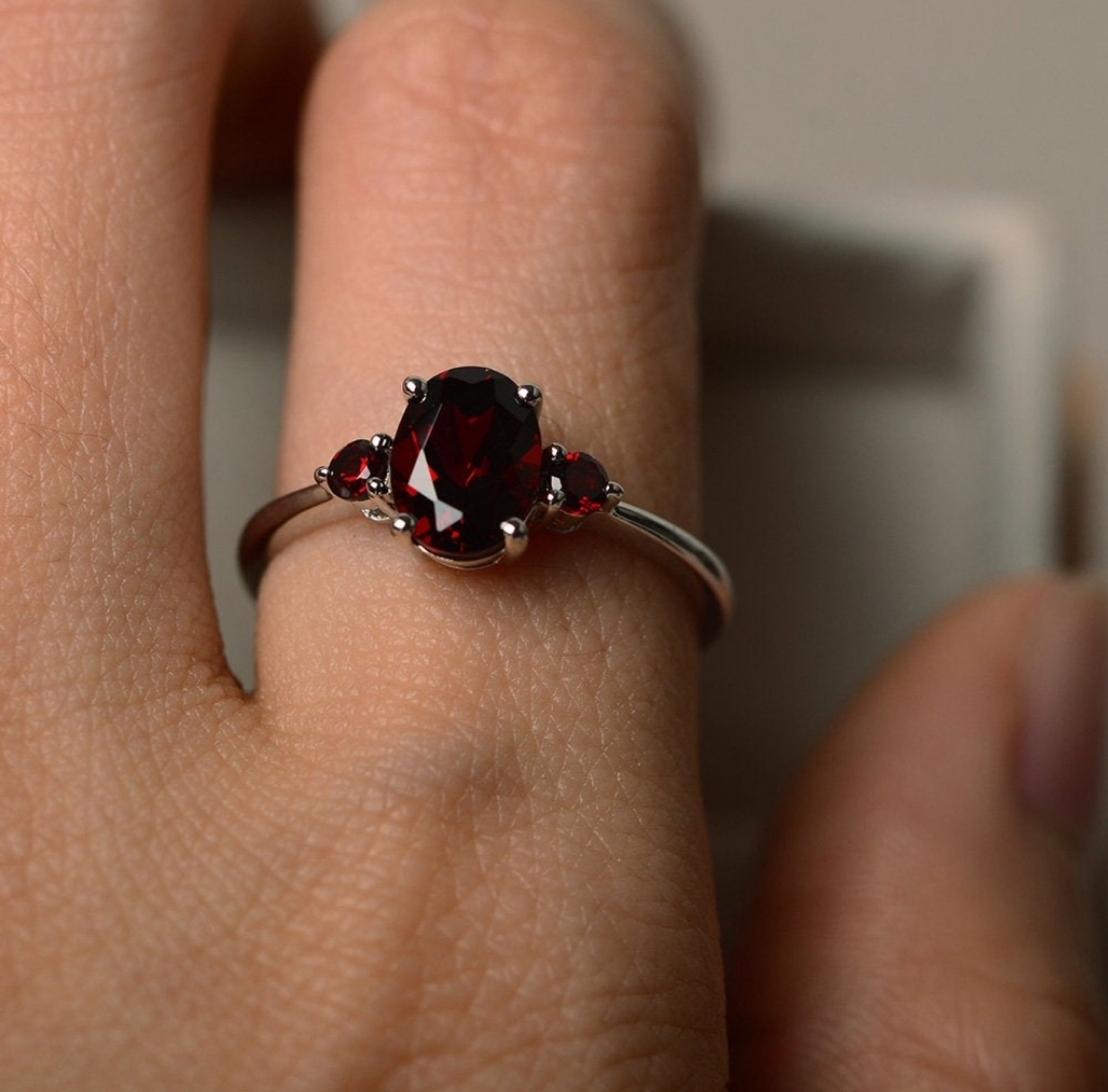 Red Stone Ring Oval Shape Size 97 with 2 Stone Round Etsy