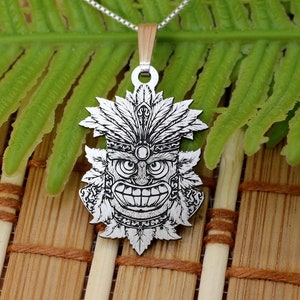 Tropical Tiki Necklace | Totem Pole Mask Pendant | Silver Maori Necklace | Men&#39;s Jewelry | Gift For Him | Fathers Day Gift